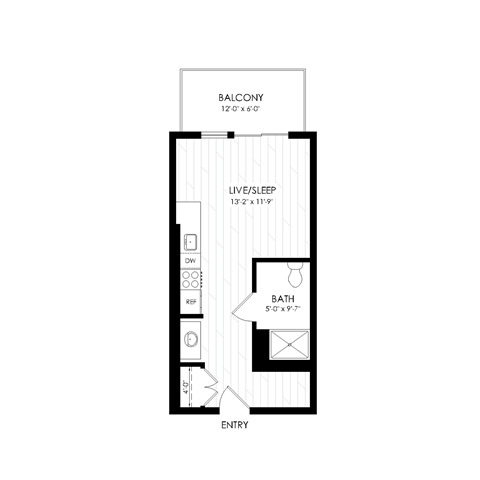 Floor plan for studio, 1 bath, 345 sqft